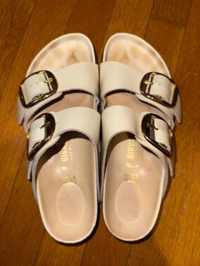 Birkenstock Women's Double-Buckle Slide Sandals in White with Gold Buckles